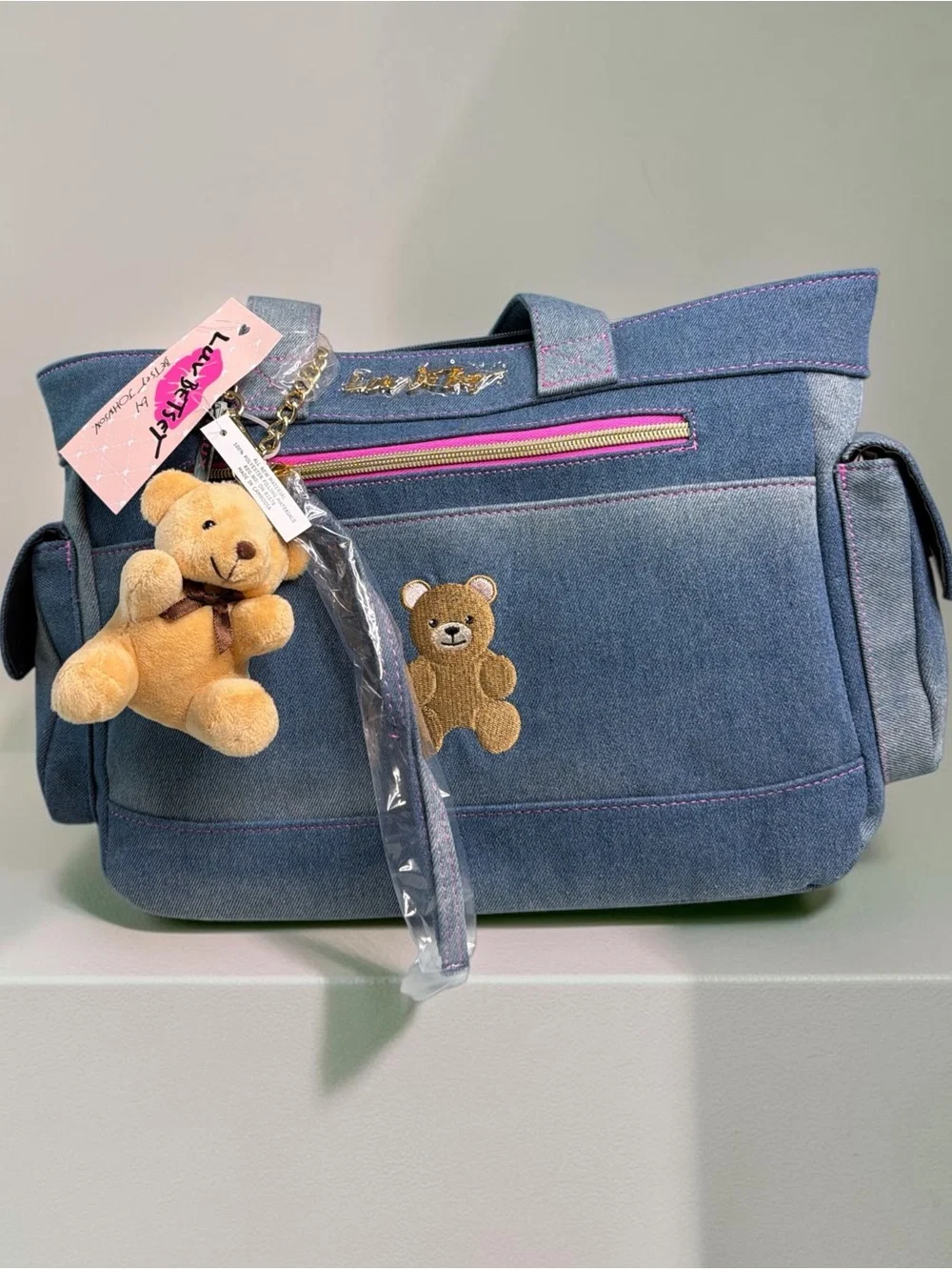 Denim Teddy Tote Bag with Bear Charm - Blue